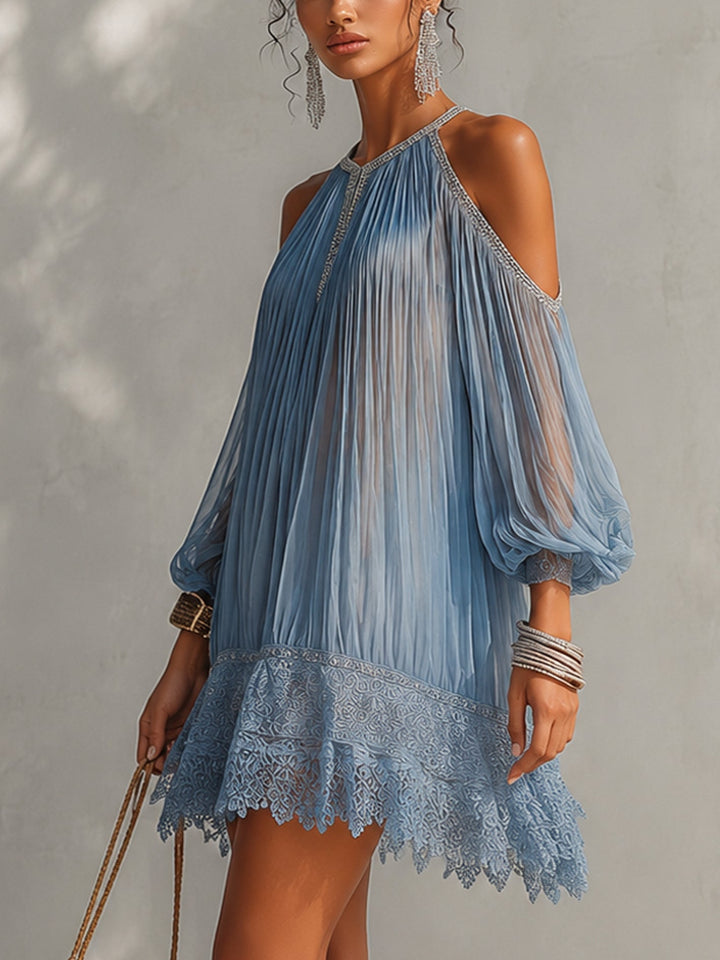 Celeste | Blue Mini Dress with Off-the-Shoulder Design, Ruffled Hem and Lace Trim