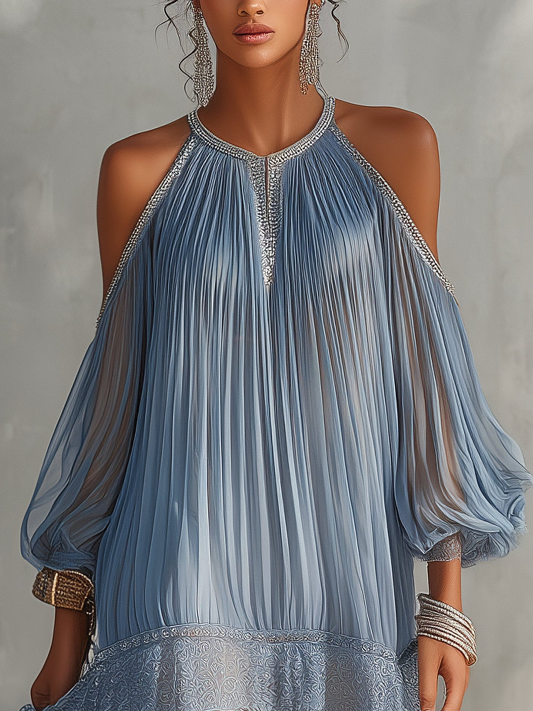 Celeste | Blue Mini Dress with Off-the-Shoulder Sleeves, Ruffled and Lace Hem