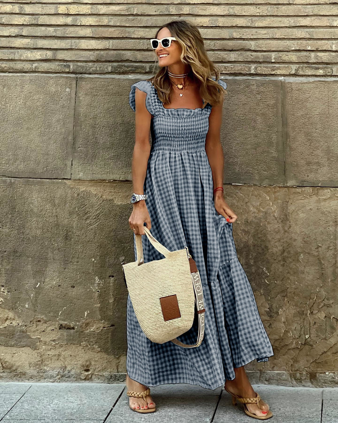 Gingham Maxi Dress for Women - Smocked - Tiered