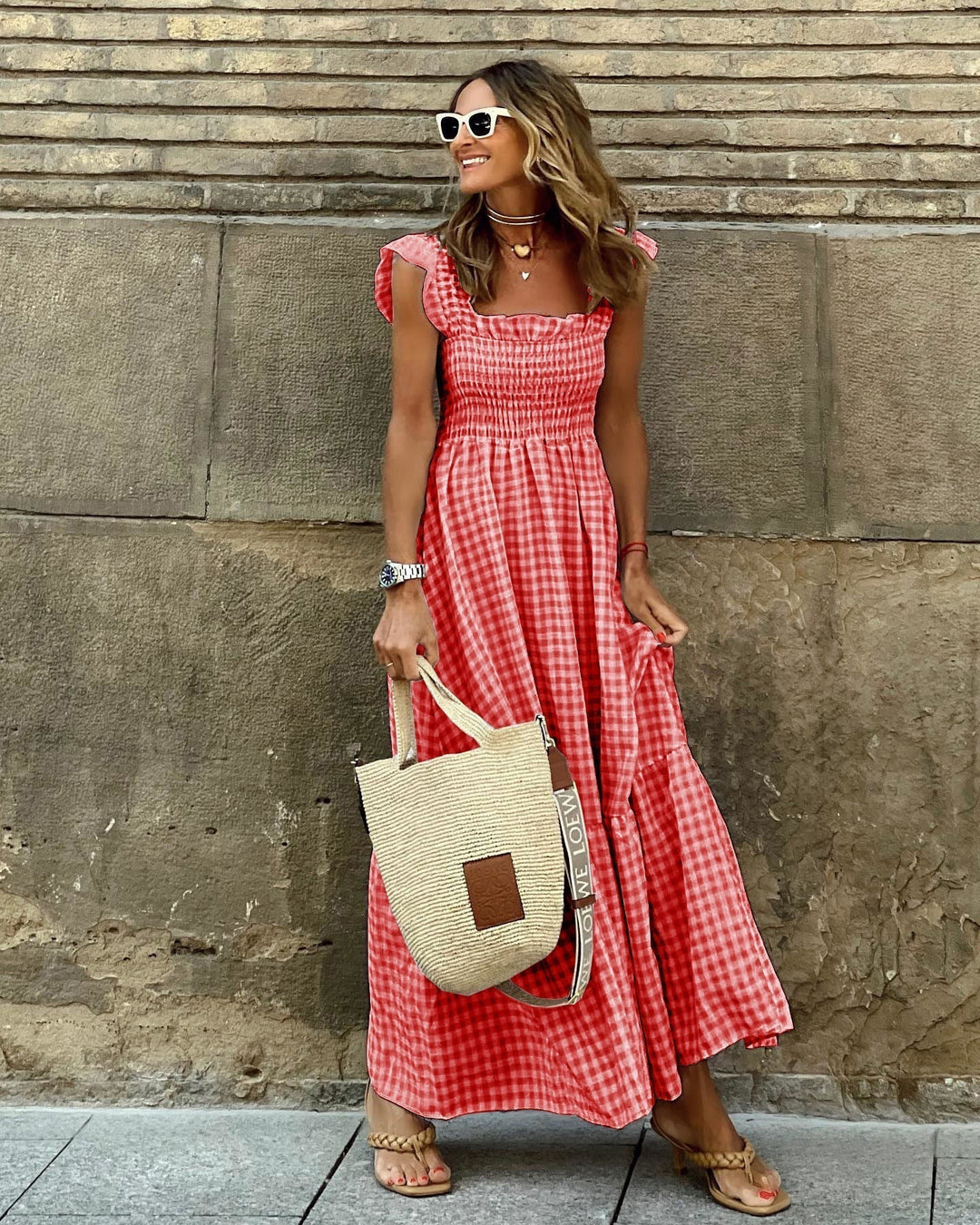 Gingham Maxi Dress for Women - Smocked - Tiered