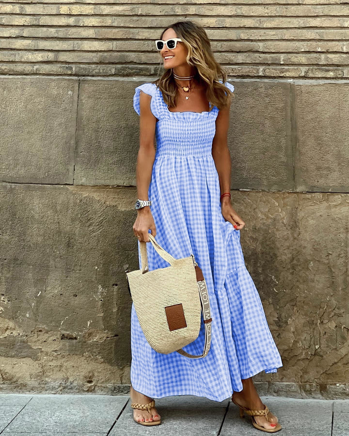 Gingham Maxi Dress for Women - Smocked - Tiered