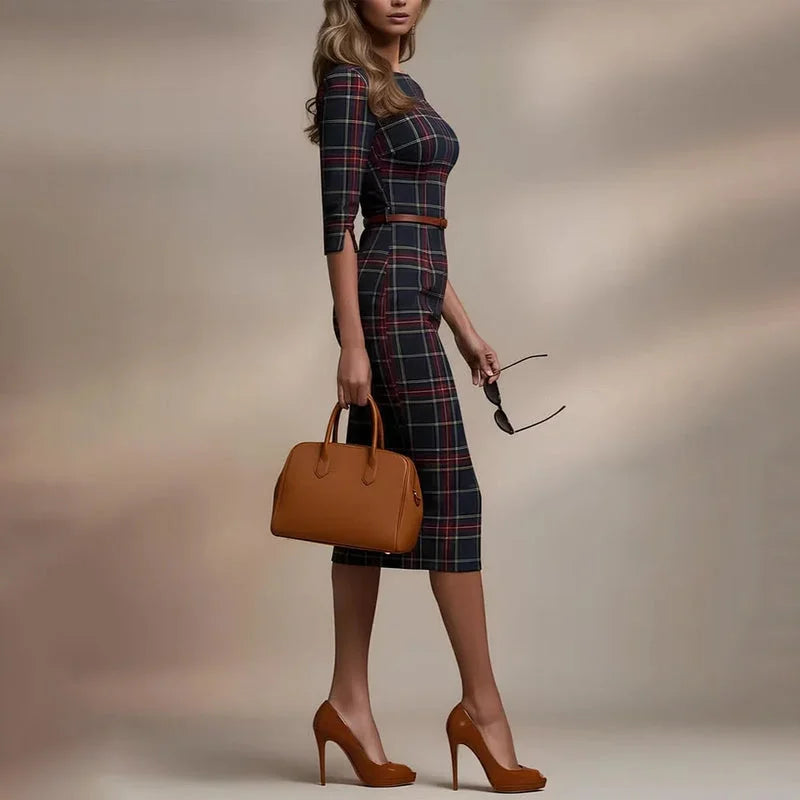 Linari - Elegant Plaid Midi Dress