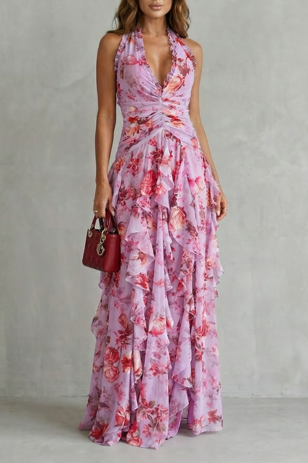 Belladina – Romantic rose cascade – Halter maxi dress