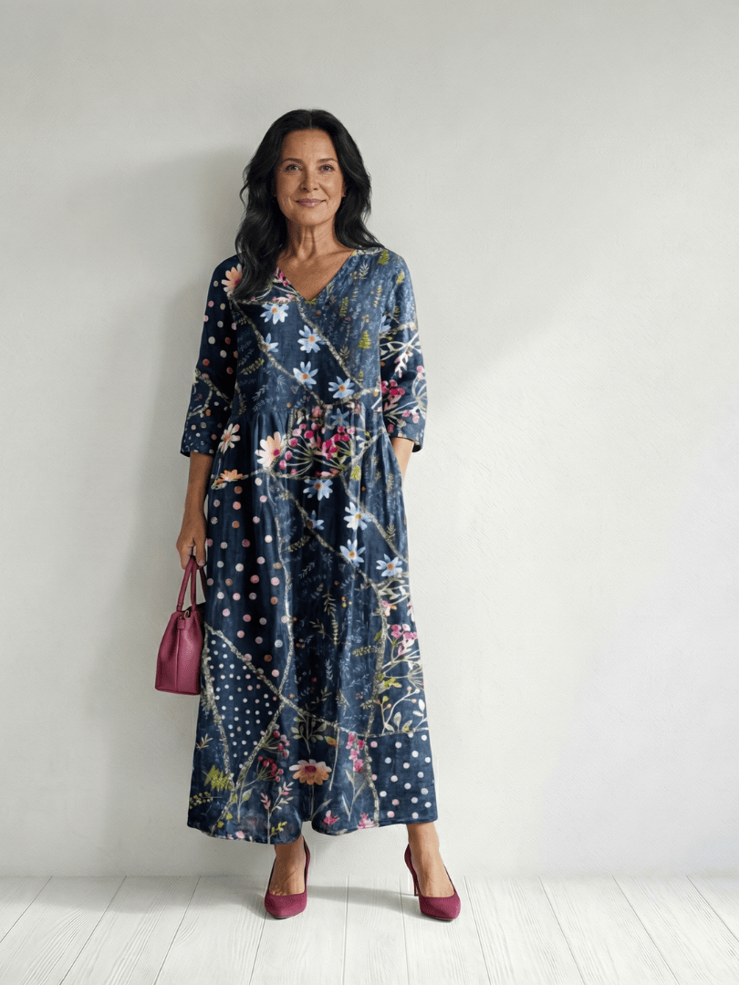 Zane™ Gather Floral Midi Dress by Emma & Rose Cape Town, featuring a flowy silhouette and colorful floral print.