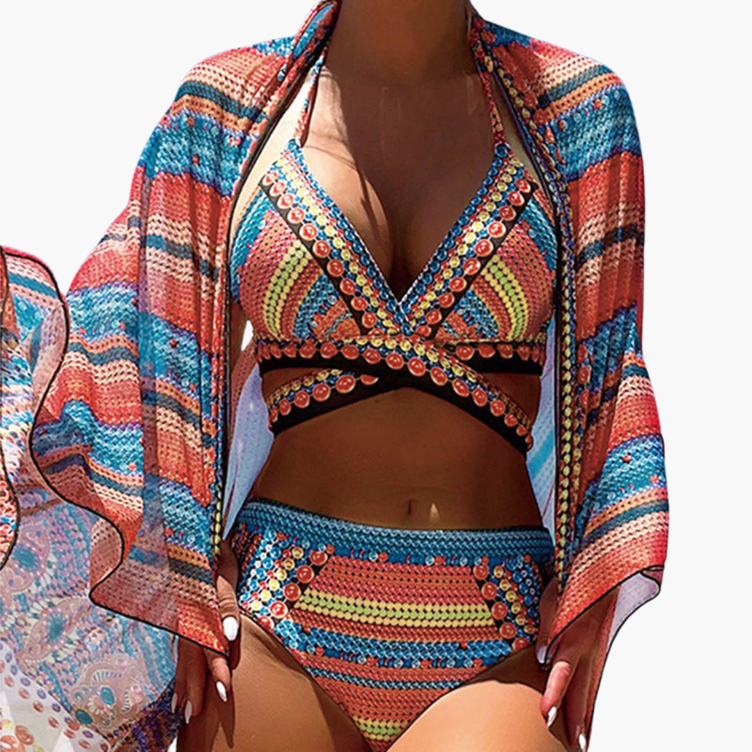 Women’s Bikini Set with High - Waisted Bottoms and Cover-Up