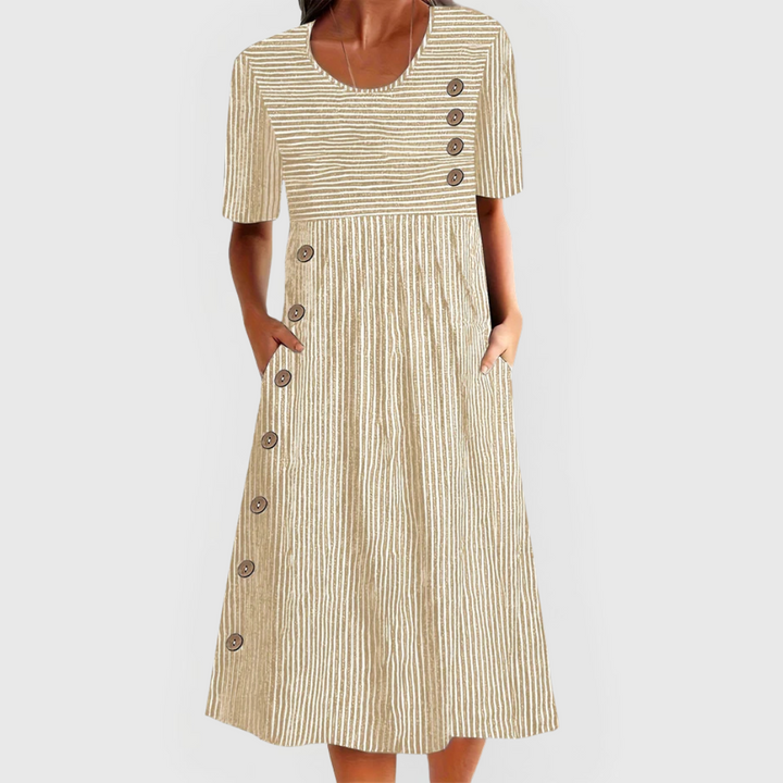 Carmen | Women's Midi Dress with Stripes and Decorative Buttons