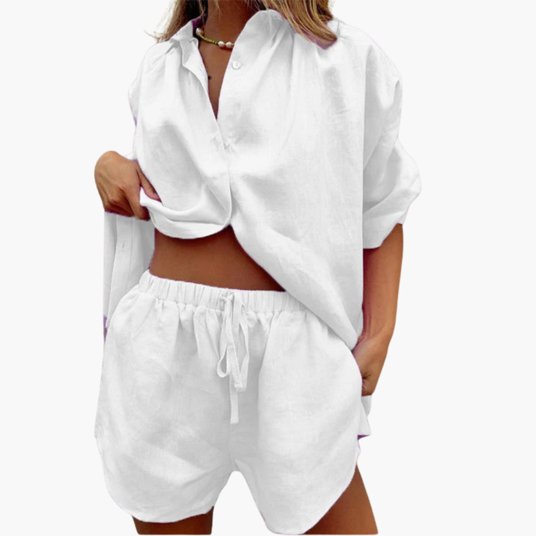 Women’s Two-Piece Set with Button Shirt and Drawstring Shorts