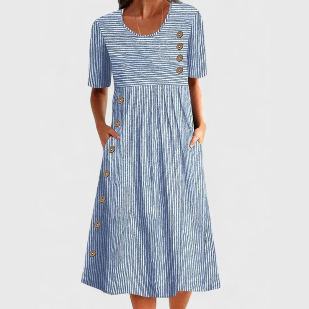 Carmen | Women's Midi Dress with Stripes and Decorative Buttons