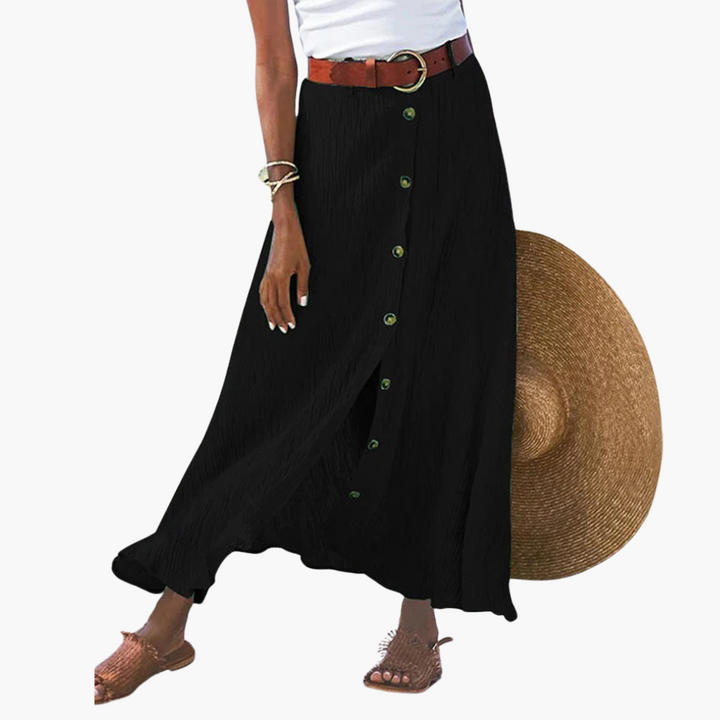 Women’s Button-Front Maxi Skirt with Elastic Waistband and A-Line Cut