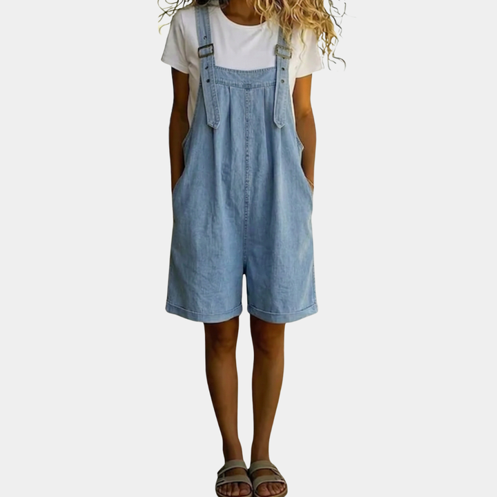 Clara | Salopette in Soft Cotton Denim with Vintage Washed Light Blue Effect