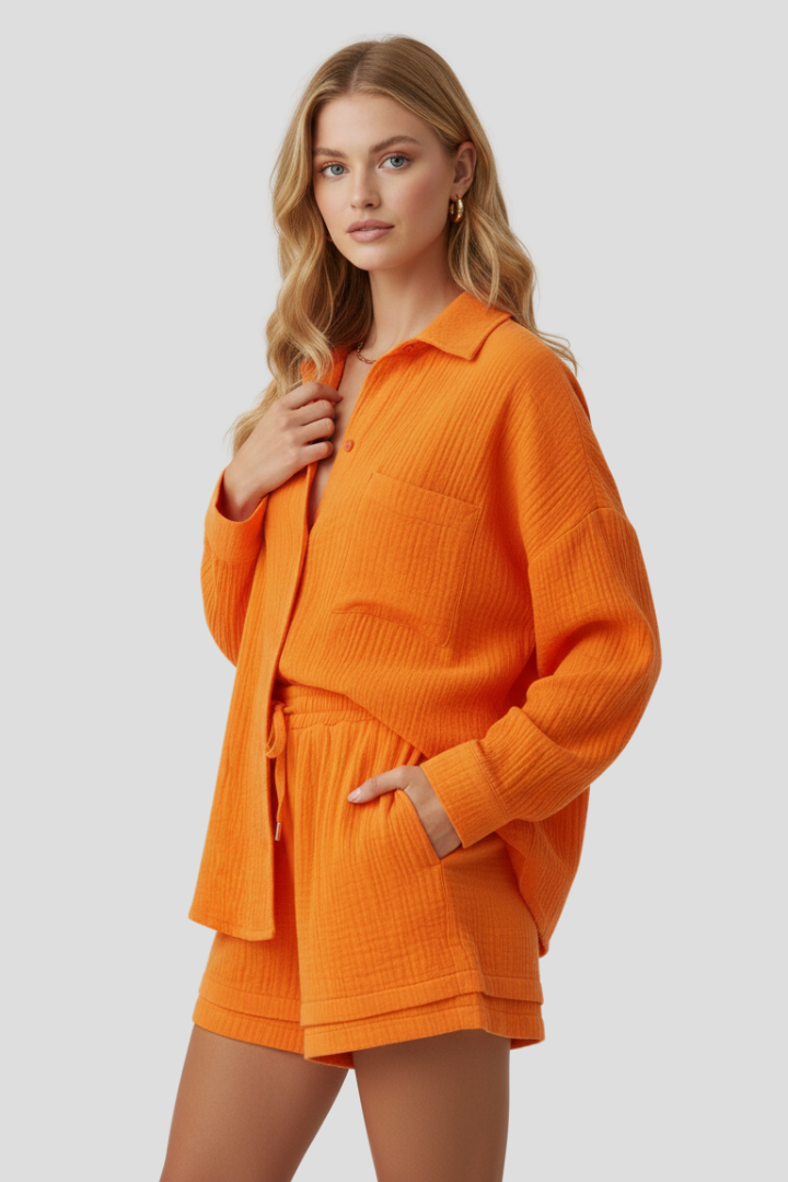 Women’s Two Piece Set with Oversized Blouse and Muslin Shorts