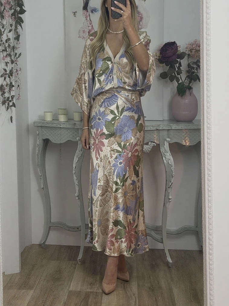 Exquisite Satin Floral Print Off-shoulder Shirt