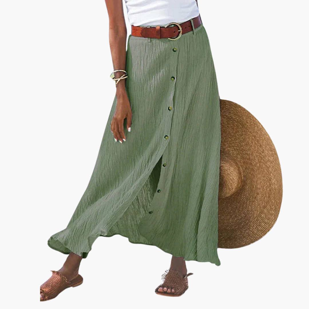 Women’s Button-Front Maxi Skirt with Elastic Waistband and A-Line Cut