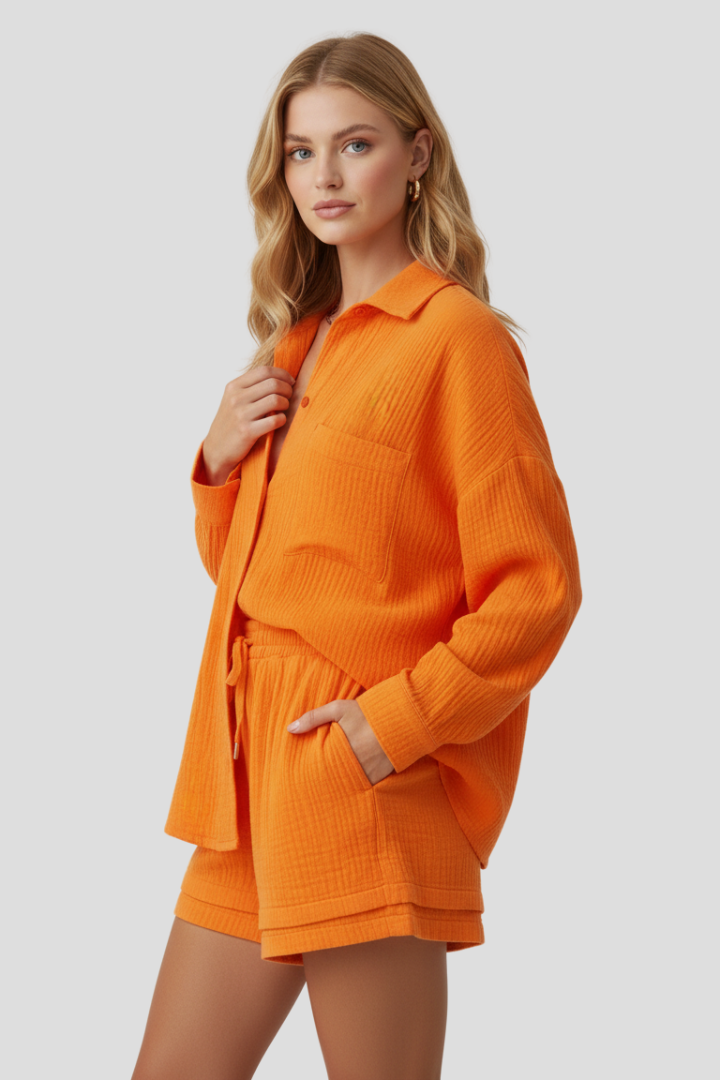 Women’s Two Piece Set with Oversized Blouse and Muslin Shorts