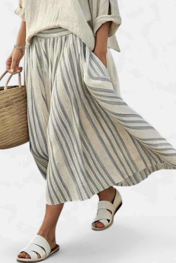 Aurcyn | Comfortable Loose Blouse & Striped Midi Skirt