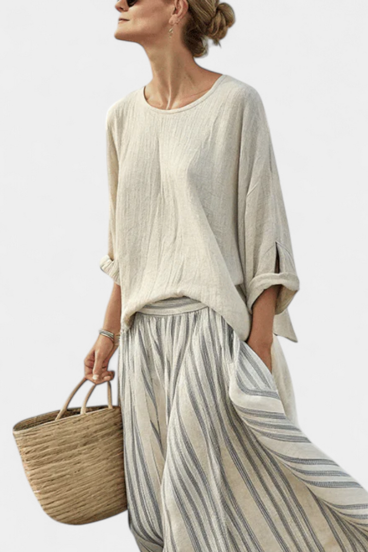Aurcyn | Comfortable Loose Blouse & Striped Midi Skirt