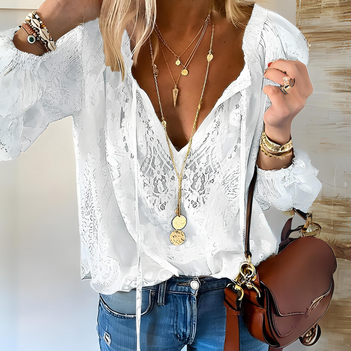 Glenda | Elegant Boho Lace V-Neck Blouse