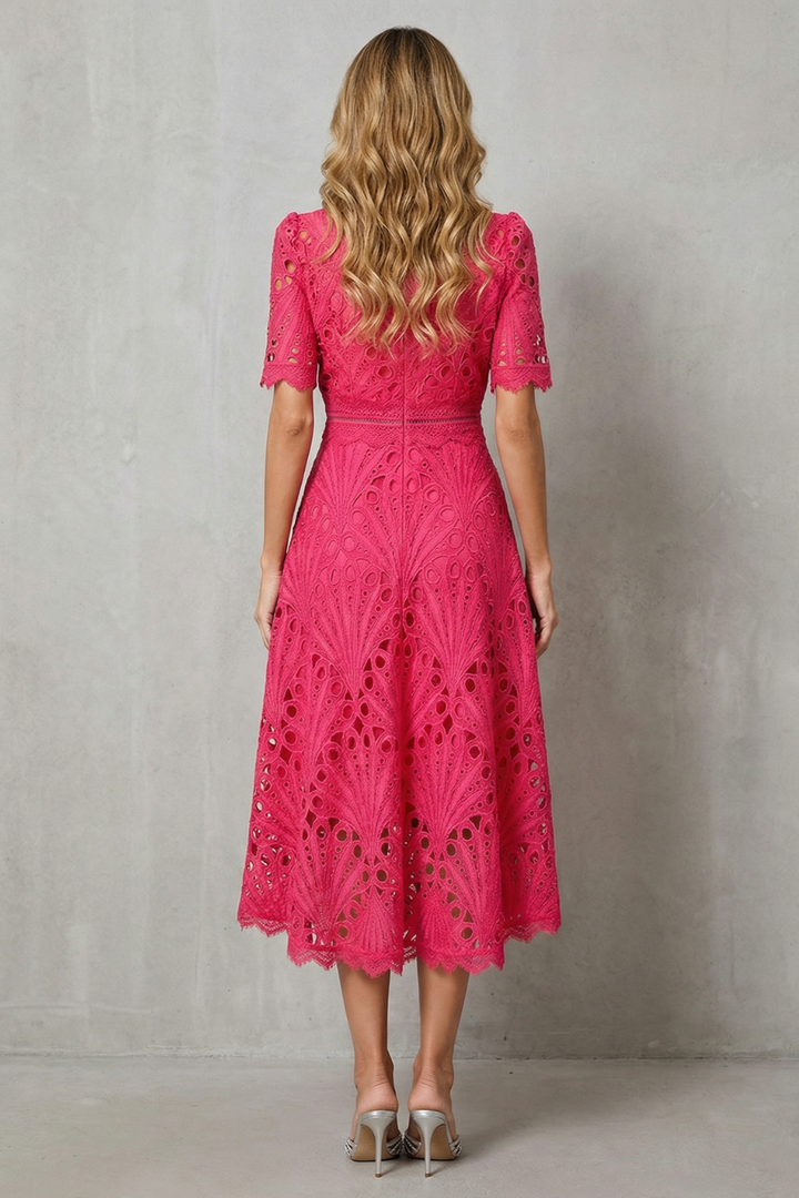 Charlisse – Ornate lace refinement – High-neck midi dress