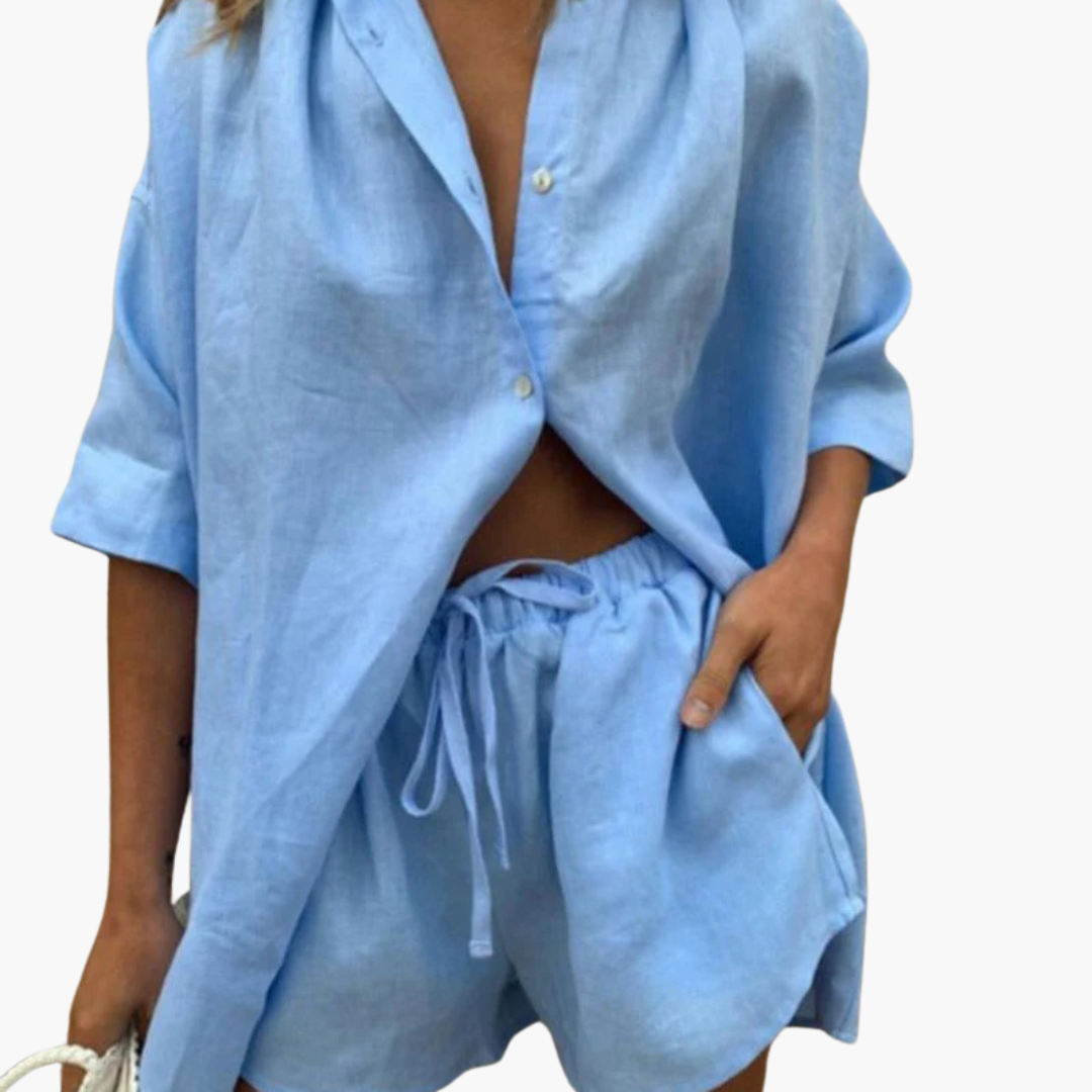 Women’s Two-Piece Set with Button Shirt and Drawstring Shorts