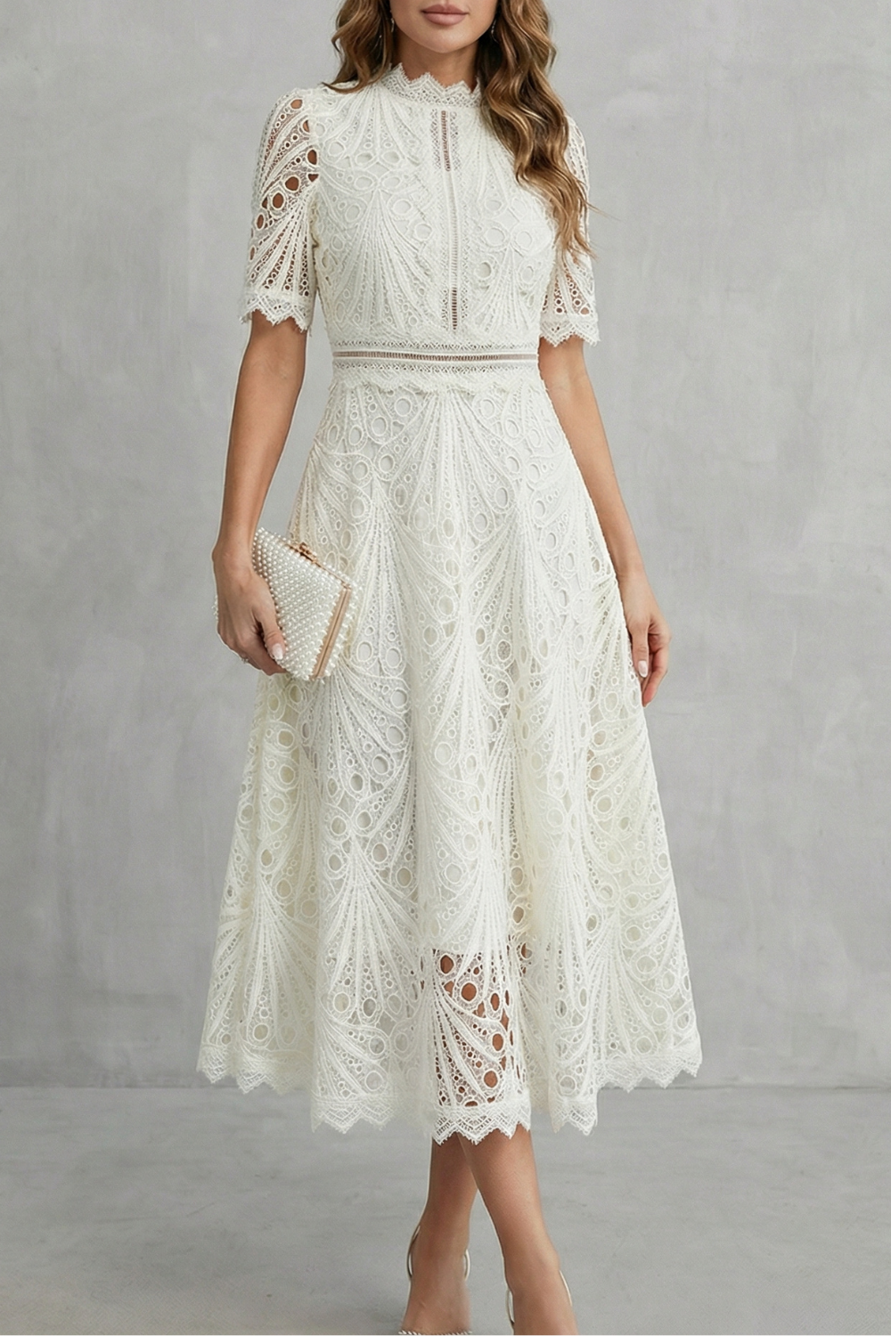 Charlisse – Ornate lace refinement – High-neck midi dress