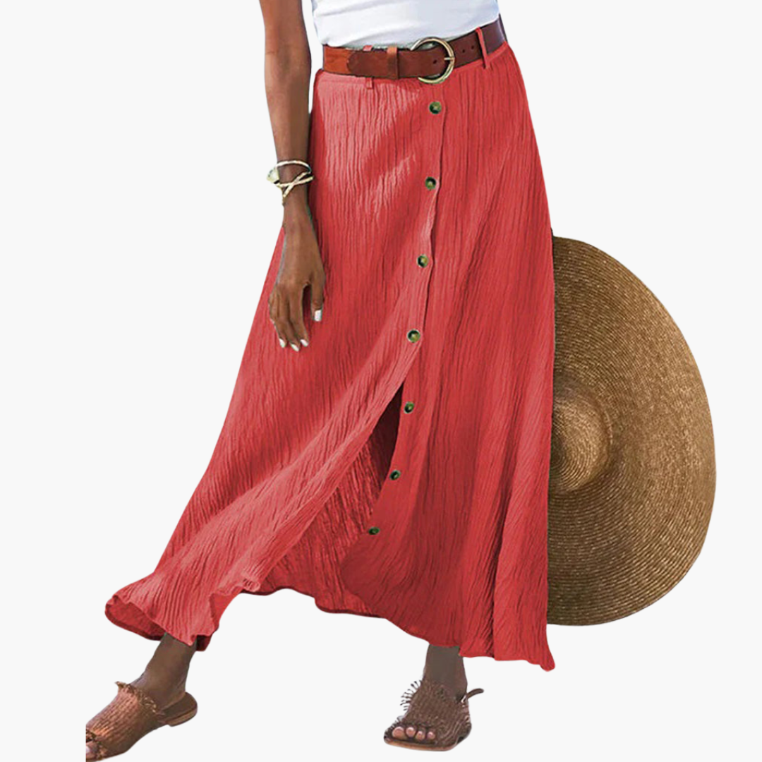 Women’s Button-Front Maxi Skirt with Elastic Waistband and A-Line Cut