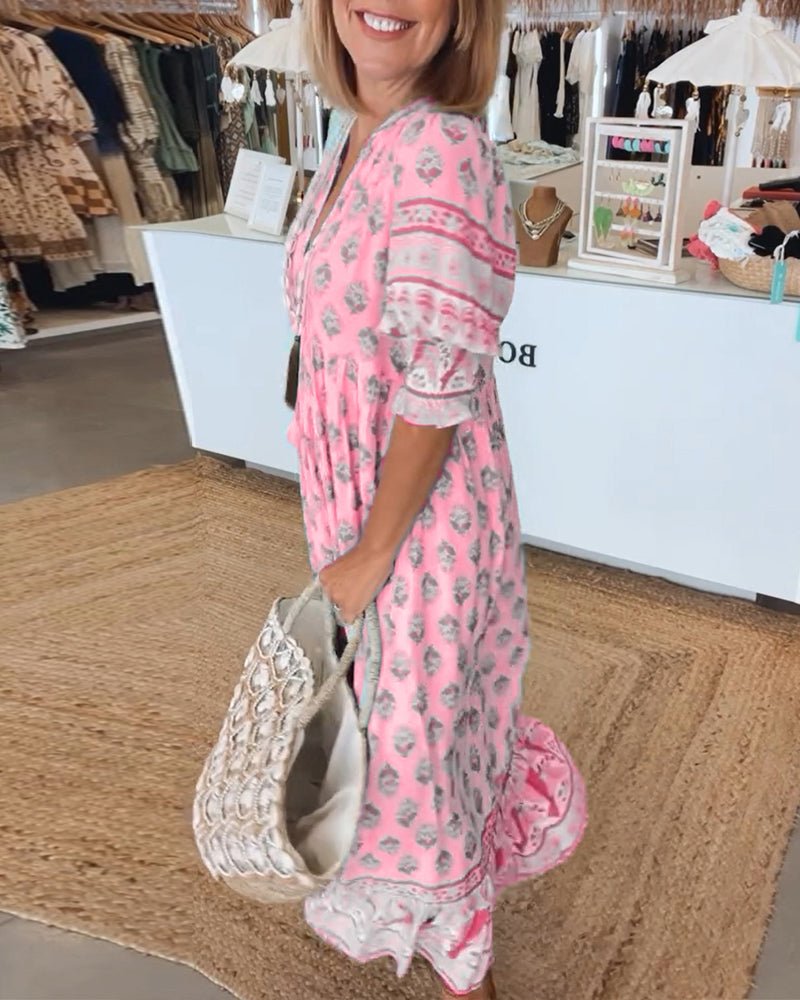 Elizabeth | Women's Boho Printed Tassel Tie Midi Dress