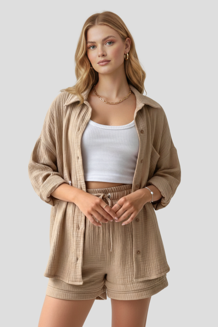Women’s Two Piece Set with Oversized Blouse and Muslin Shorts