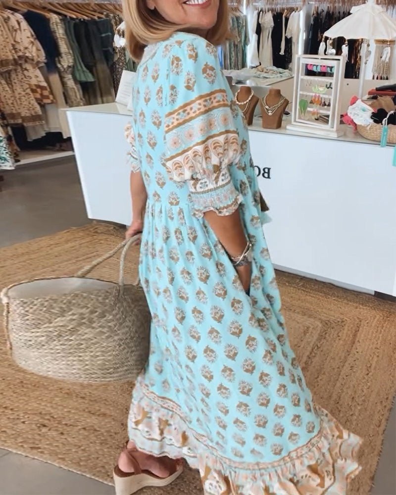 Elizabeth | Women's Boho Printed Tassel Tie Midi Dress