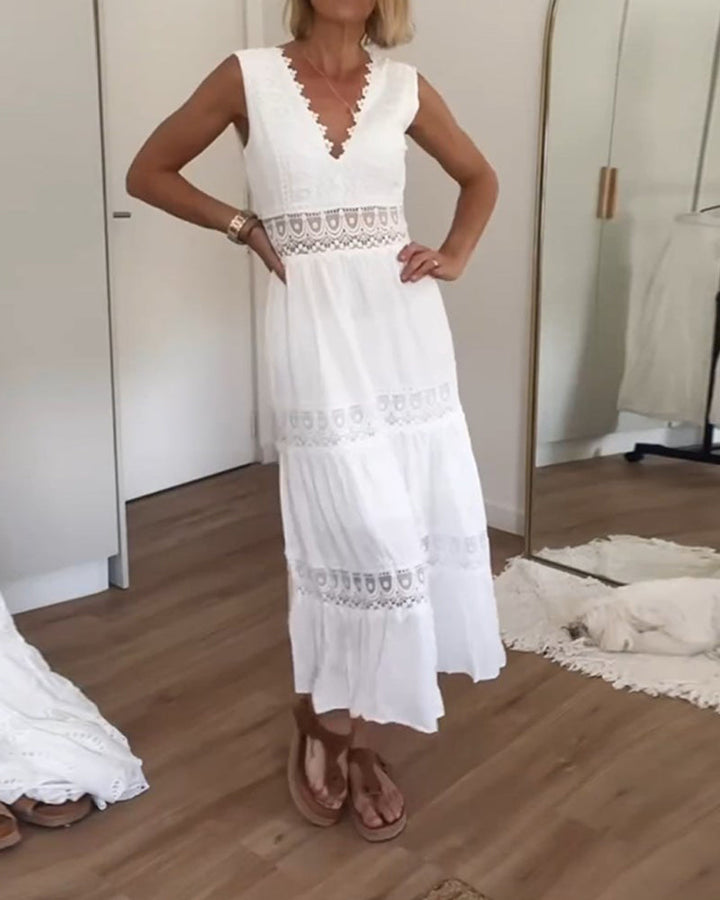 Jimena | Women's Bohemian Midi Dress with Lace and V-Neck