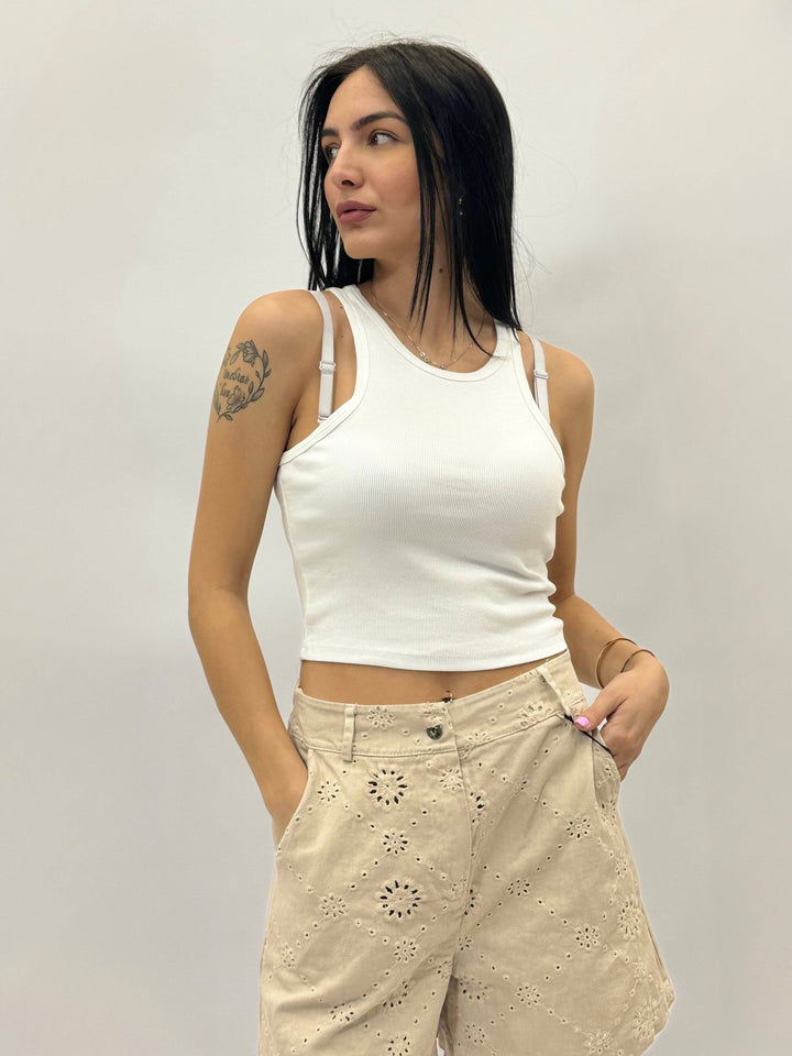 Emma & Rose Cape Town Phaedra™ ribbed tank top with scoop neckline, close-up of fabric texture and fit.