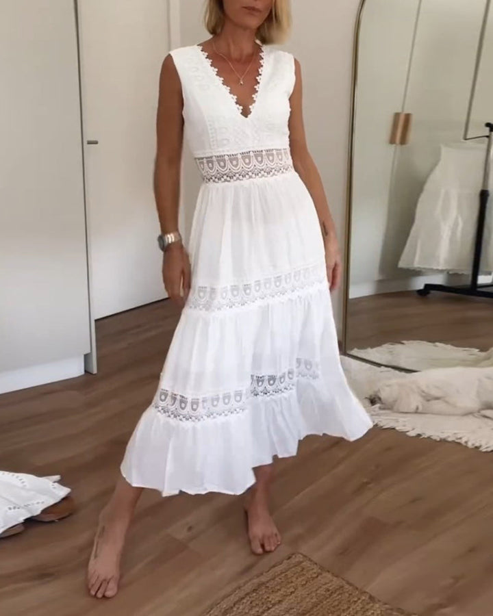 Jimena | Women's Bohemian Midi Dress with Lace and V-Neck