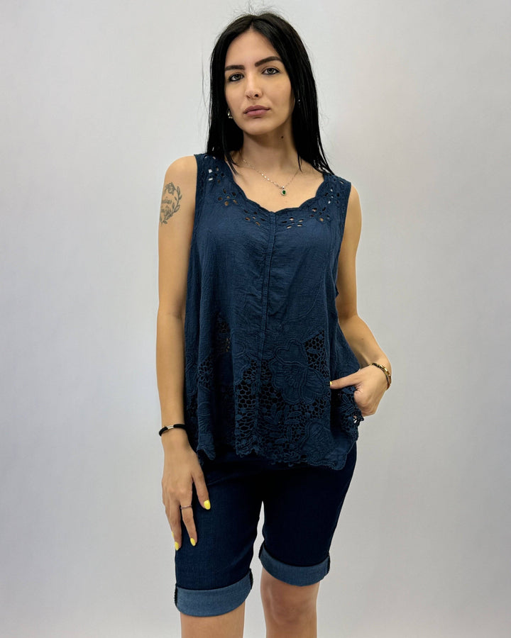 Emma & Rose Cape Town Yolande sleeveless blouse in soft luxurious fabrics, showcasing elegant fit and detailed design.