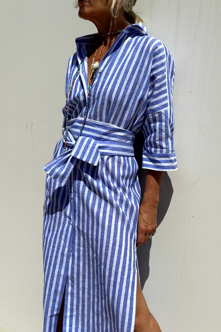 Beau | Women's Linen Striped Collared Button-Down Midi Dress