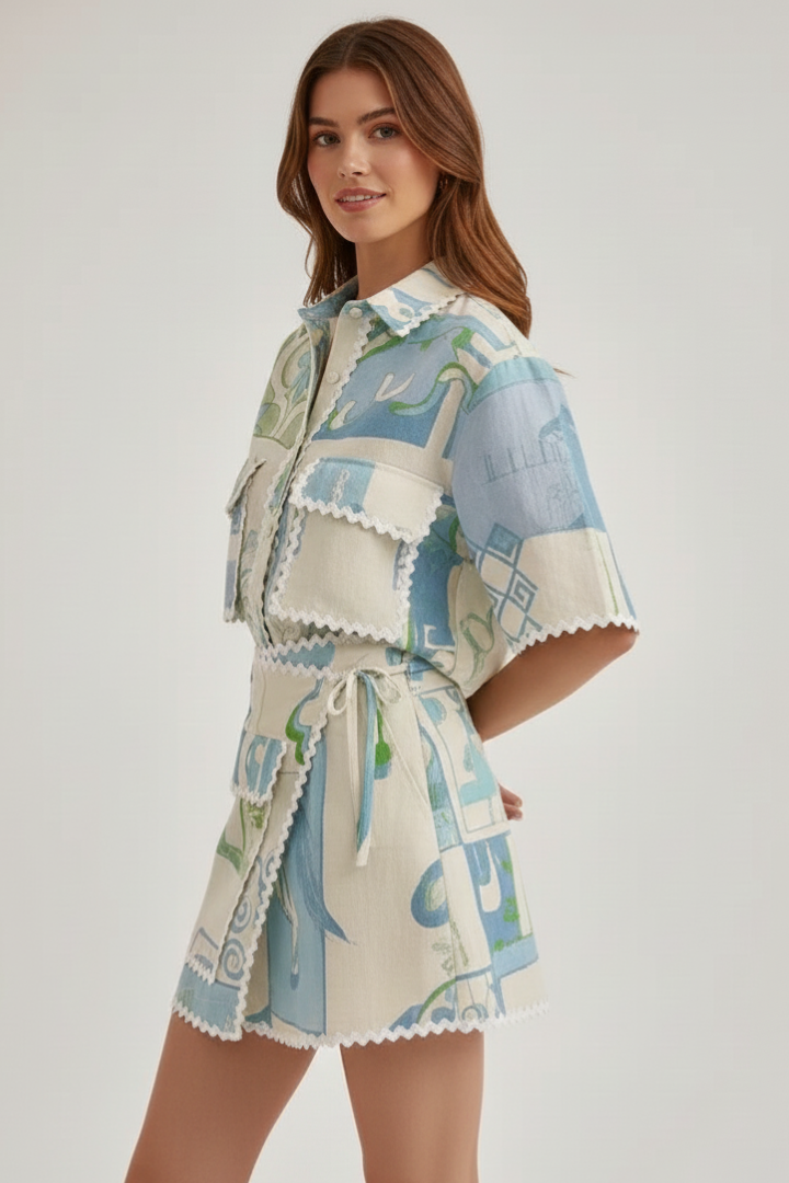 Women’s Two-Piece Set with Patchwork Top and Adjustable Shorts
