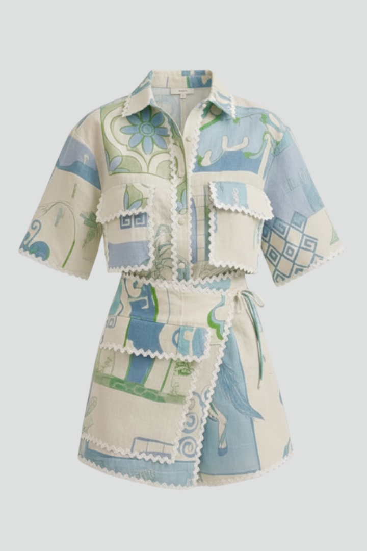 Women’s Two-Piece Set with Patchwork Top and Adjustable Shorts