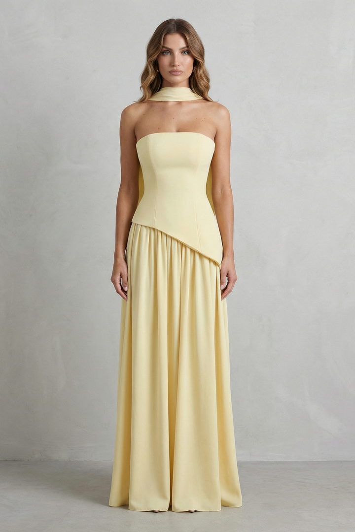 Celestara – Sculpted draped slit – Strapless maxi dress