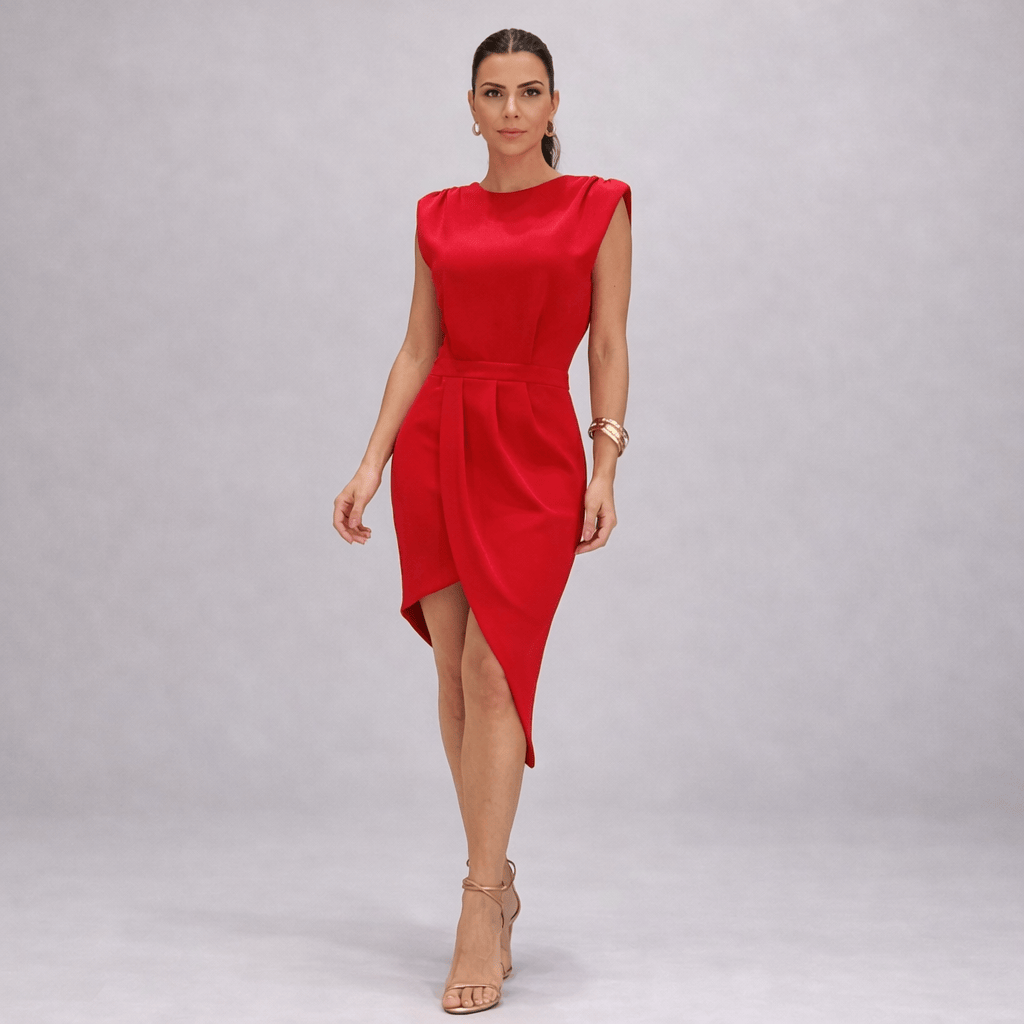 Elegant Alessia™ flowing dress by Emma & Rose Manhattan, shown on a hanger with soft fabric details and gentle draping.