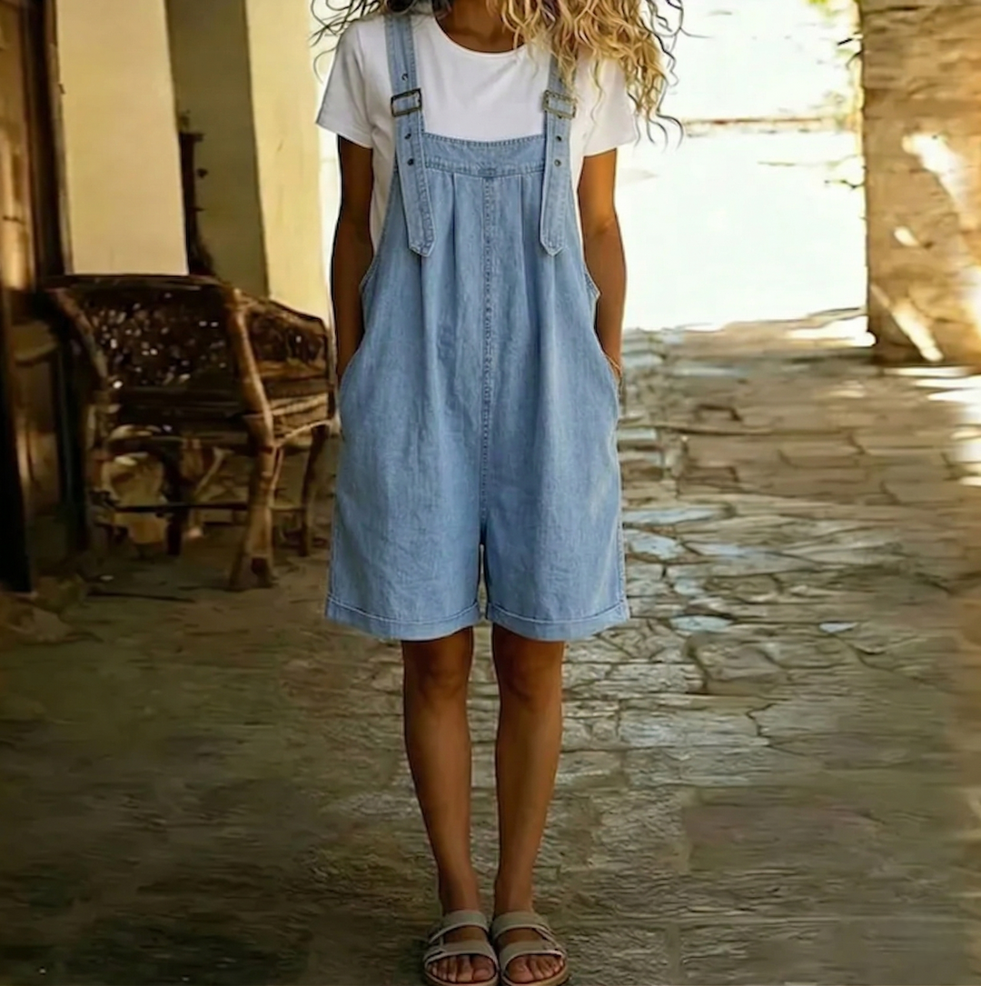 Clara | Denim Dungarees in Soft Cotton with Vintage Wash in Light Blue
