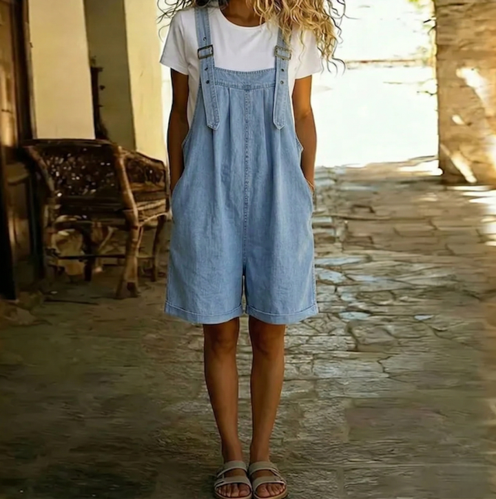 Clara | Denim Dungarees in Soft Cotton with Vintage Wash in Light Blue