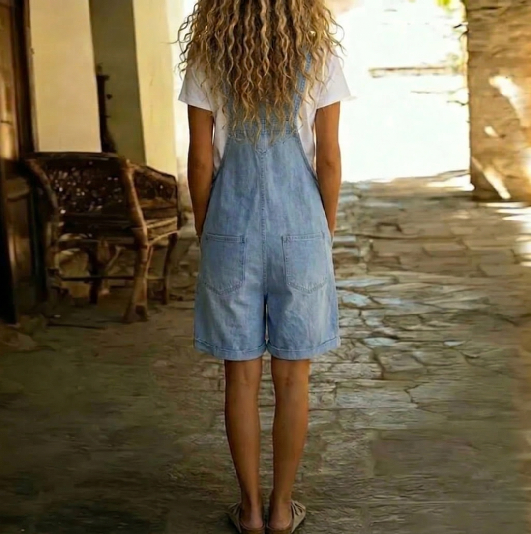 Clara | Salopette in Soft Cotton Denim with Vintage Washed Light Blue Effect