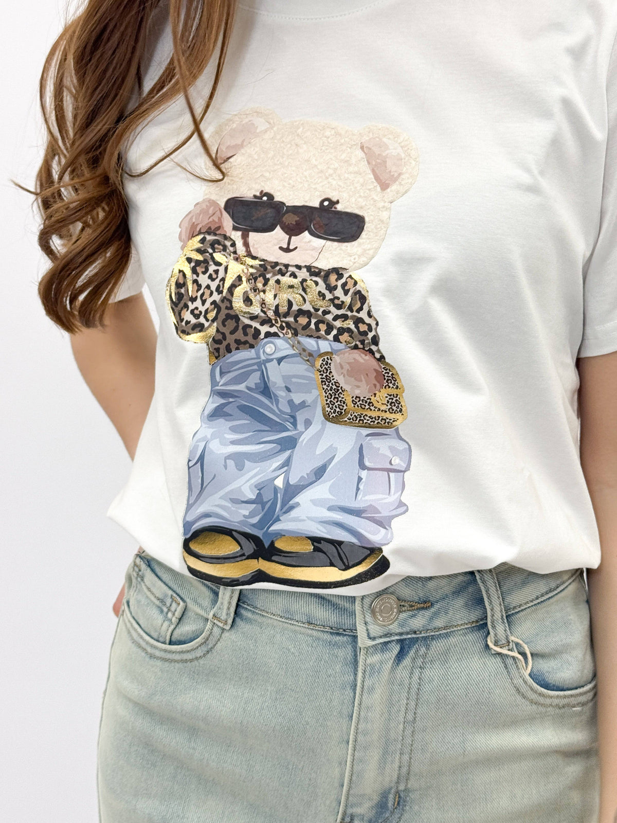 Petra™ Glam Bear T-Shirt by Emma & Rose Cape Town, soft knit maglieria shirt with a stylish bear graphic design.