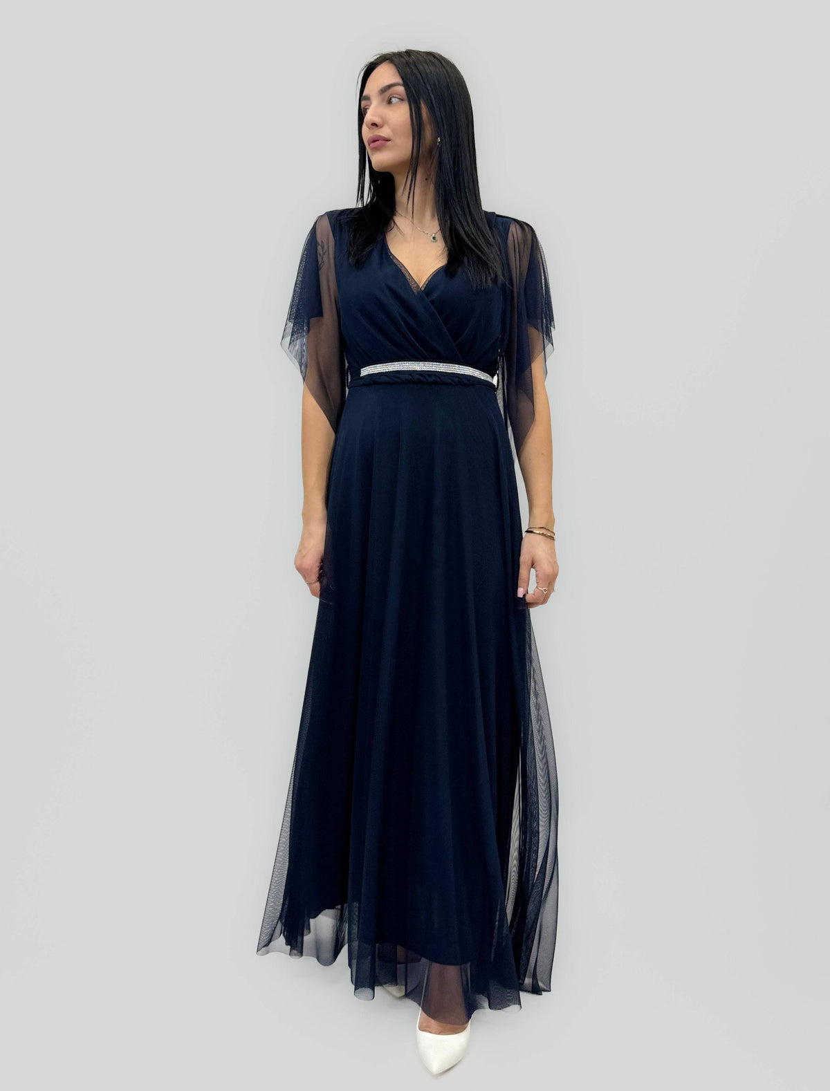 Emma & Rose Federica Phaedra™ dress in soft luxurious fabrics with a belt, stylish abiti displayed on a mannequin.