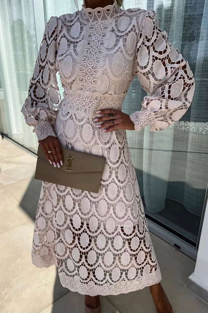 Elegant lace dress with high collar and transparent details