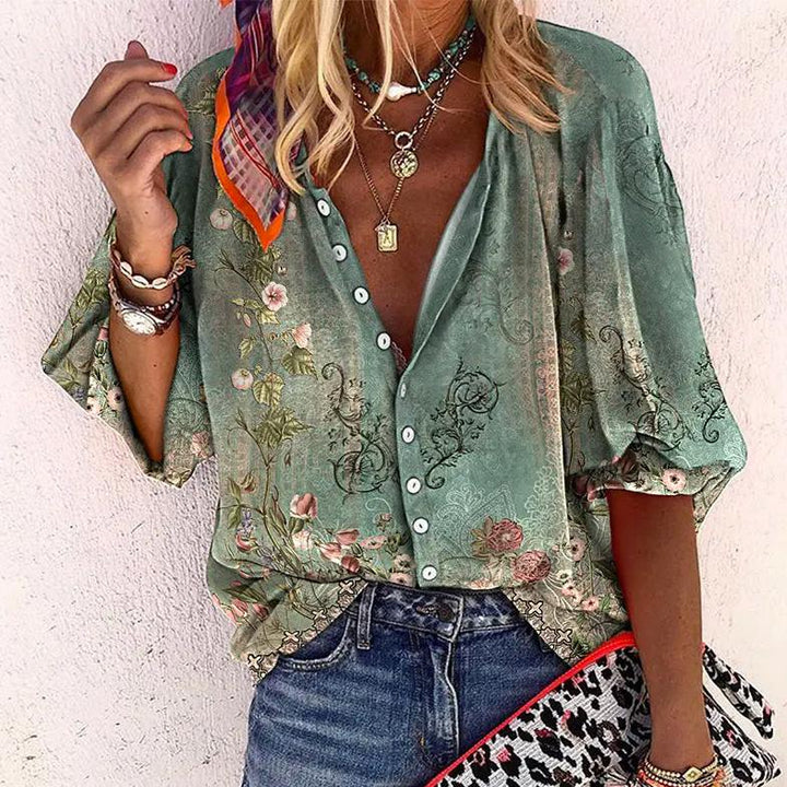 Maria | Women's Bohemian Blouse with Floral Print and Loose Short Sleeves