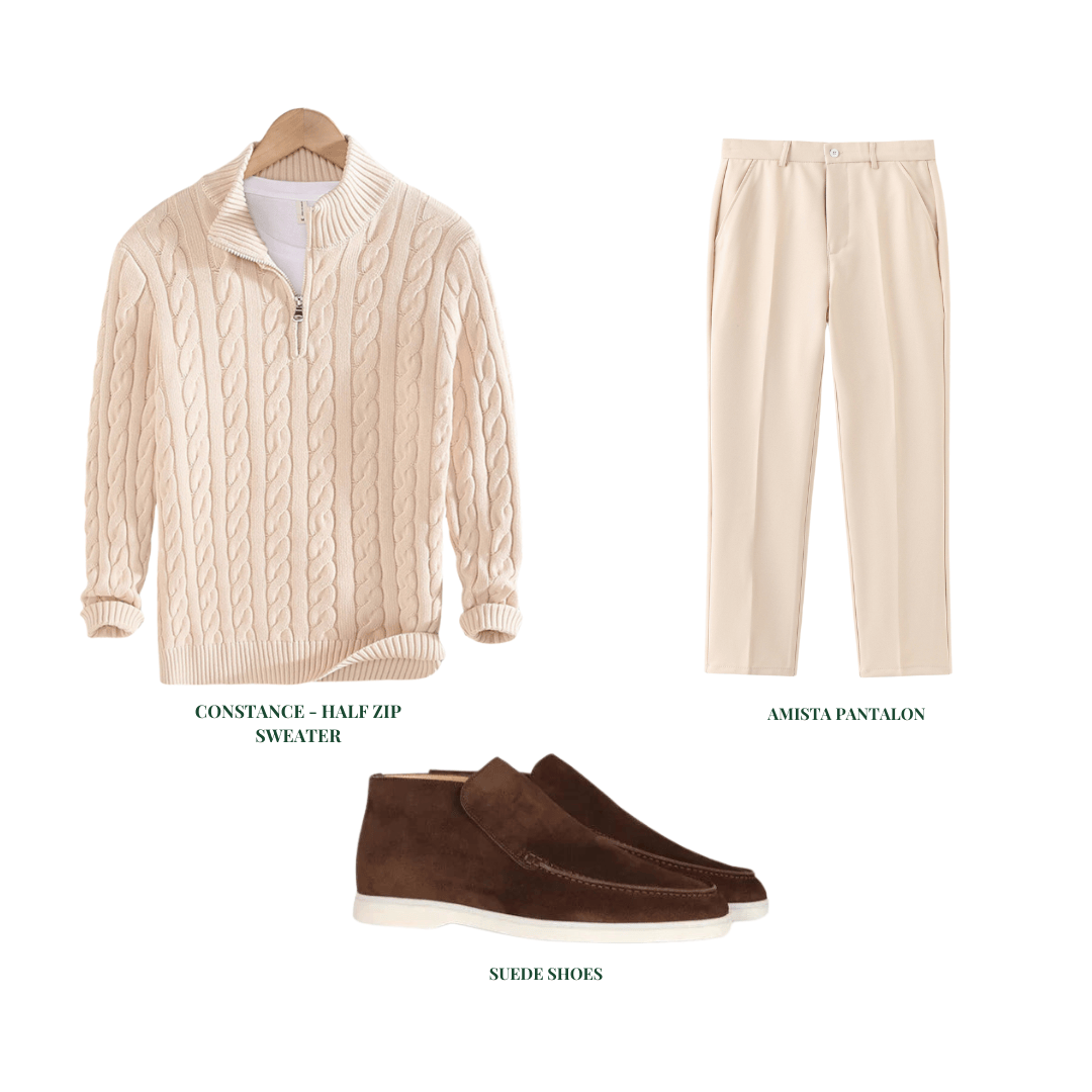 Emma & Rose Manhattan Wouter™ Gentleman's Trio №1 winter outfit with three stylish pieces, includes coat, scarf, and hat in neutral tones.