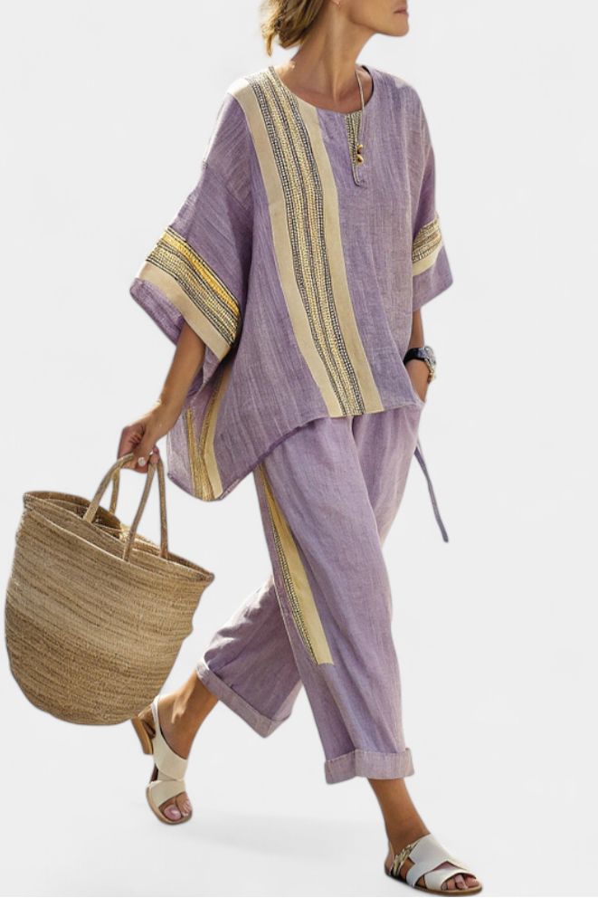 Elowric | Elegant Lavender Top & Mustard Striped Pants