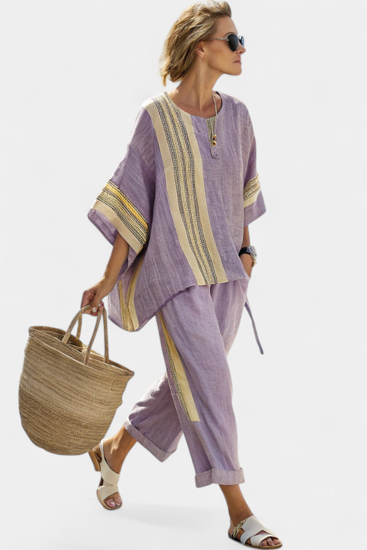Elowric | Elegant Lavender Top & Mustard Striped Pants