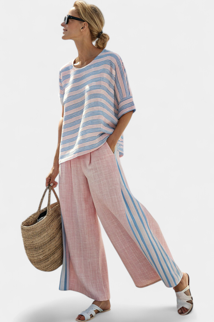Virella | Elegant Pink-Blue Linen Blouse & Soft Pants