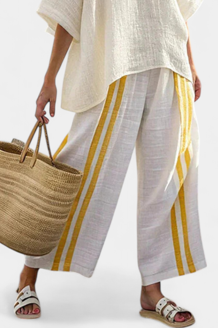 Anselor | Elegant Yellow Striped Linen Top & Wide-Leg Pants