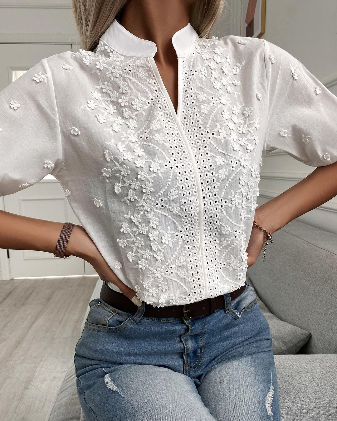 Enid – Embroidered Button-Front Blouse